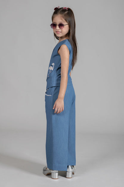 DENIM WAISTCOAT WITH  PLAYFULL EMBROIDERY OF SWAN MOTIFS & WIDE-LEG PANTS