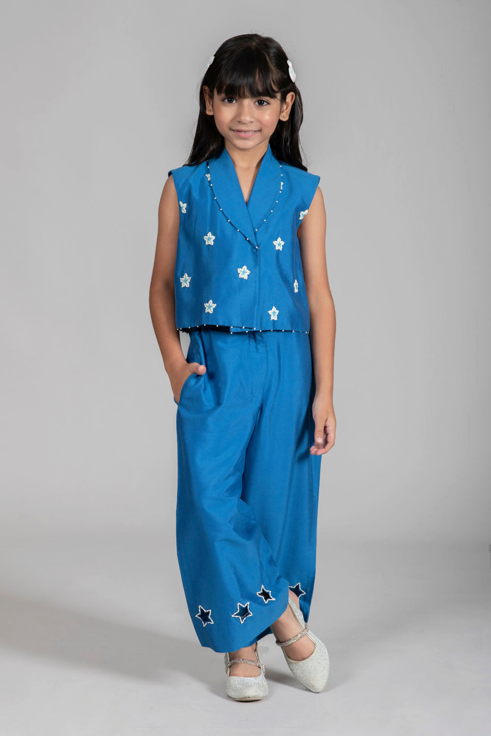 STARRY EMBROIDERY BLUE WAISTCOAT & WIDE-LEG TROUSER SET