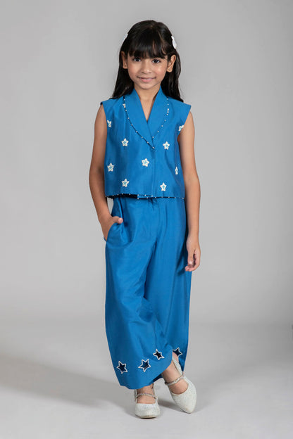 STARRY EMBROIDERY BLUE WAISTCOAT & WIDE-LEG TROUSER SET