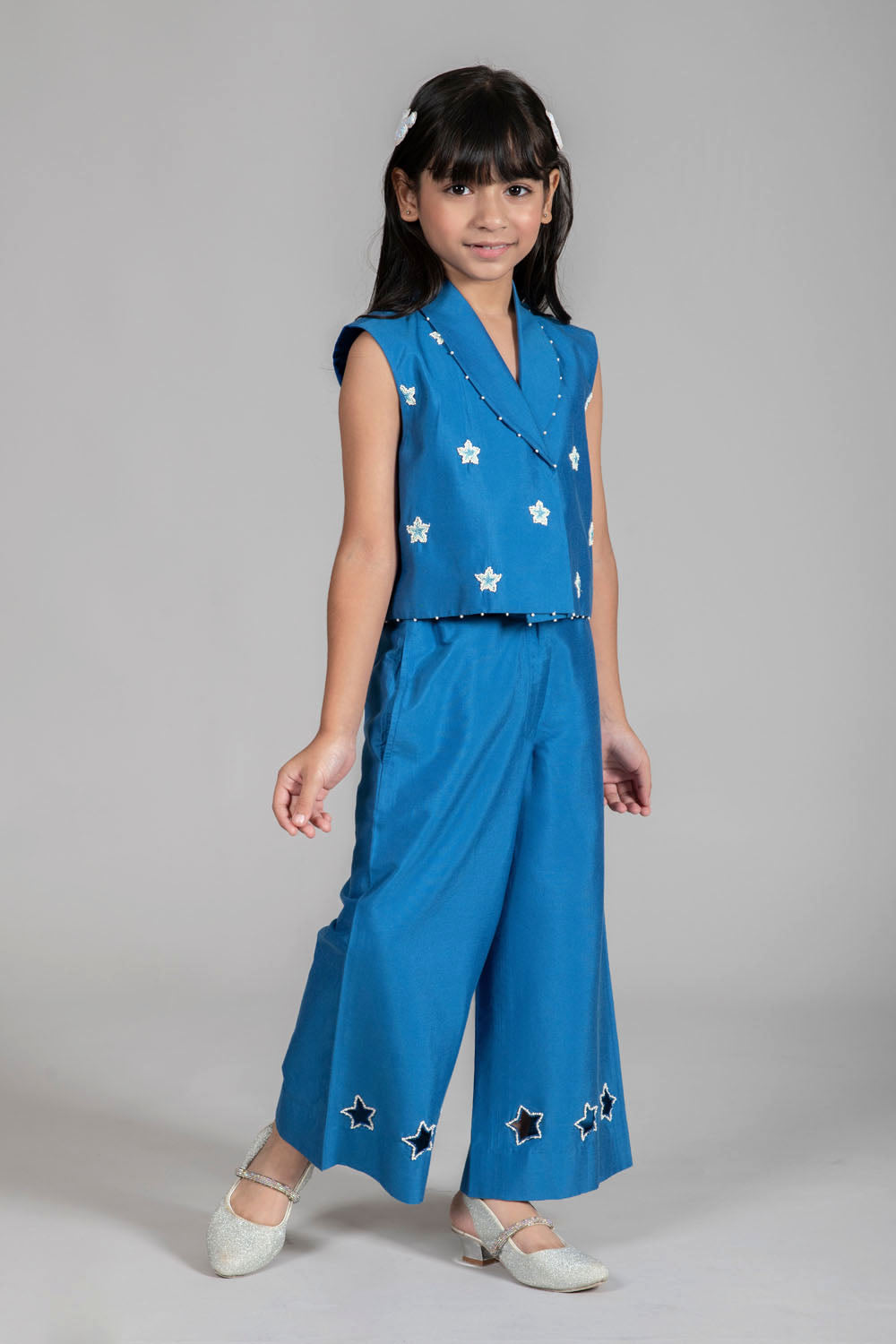 STARRY EMBROIDERY BLUE WAISTCOAT & WIDE-LEG TROUSER SET