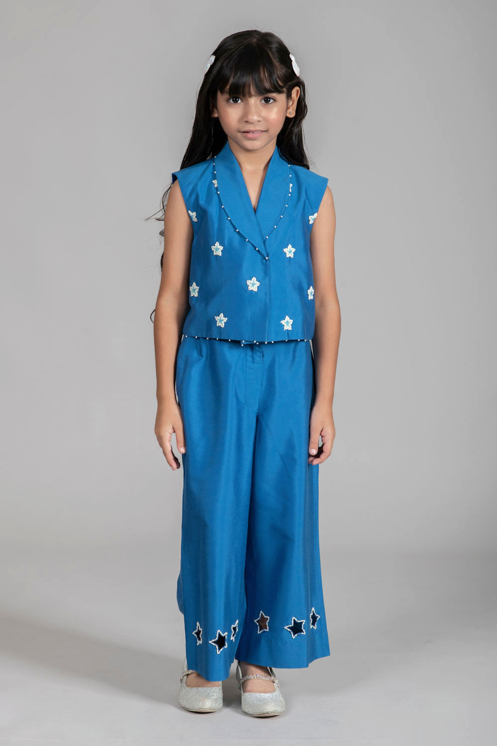 STARRY EMBROIDERY BLUE WAISTCOAT & WIDE-LEG TROUSER SET