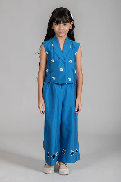 STARRY EMBROIDERY BLUE WAISTCOAT & WIDE-LEG TROUSER SET