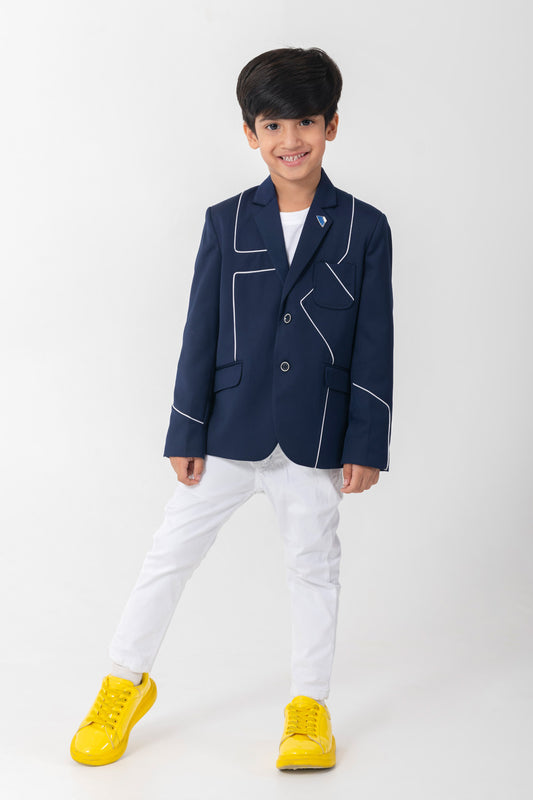 Geometric Pattern Blazer With Piping Detailing