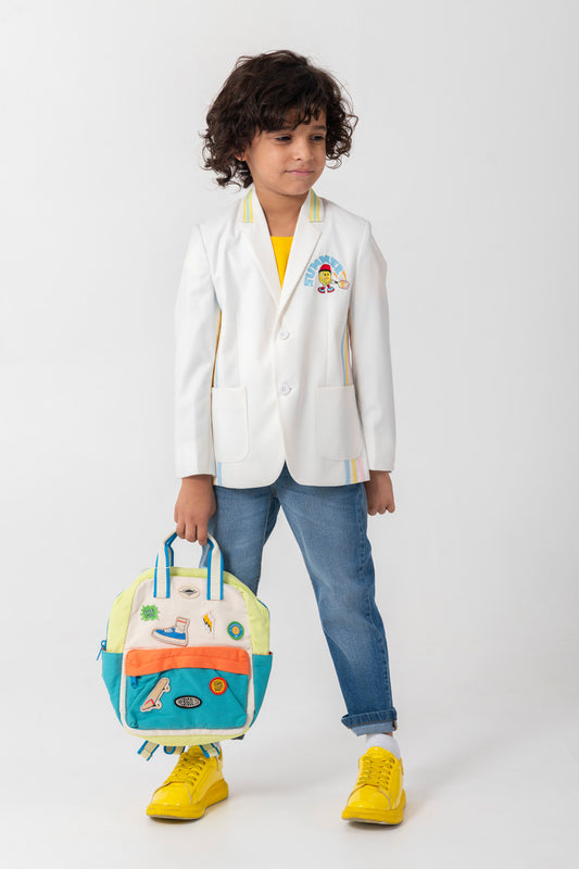 White Blazer With Contrast Piping Detailing And Logo