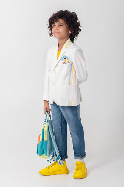 White Blazer With Contrast Piping Detailing And Logo