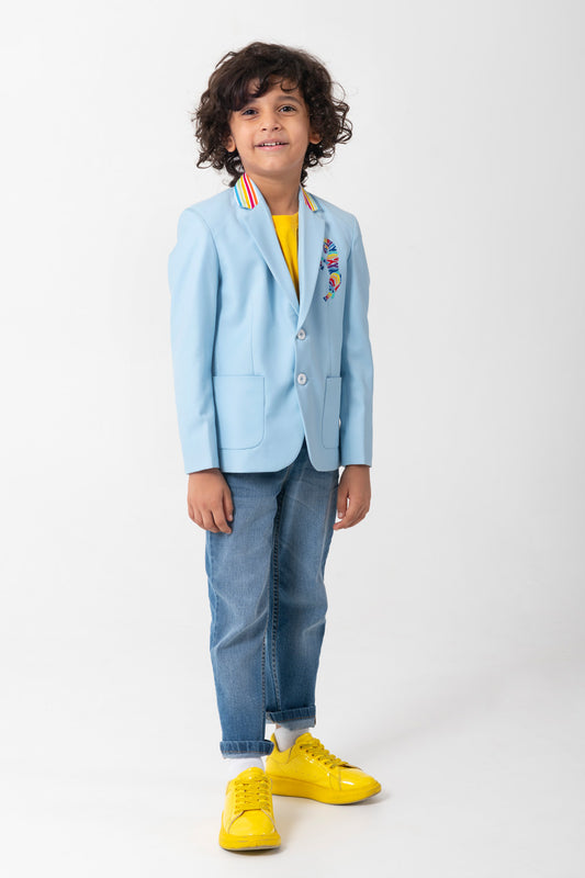 Powder Blue Blazer With Rainbow Collar And Rainbow Zebra Embroidery