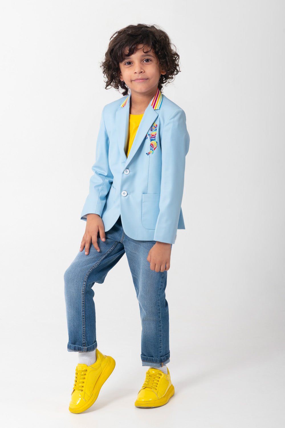 Powder Blue Blazer With Rainbow Collar And Rainbow Zebra Embroidery