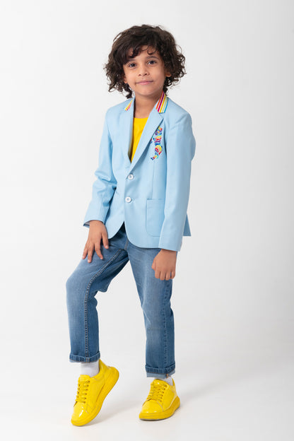 Powder Blue Blazer With Rainbow Collar And Rainbow Zebra Embroidery