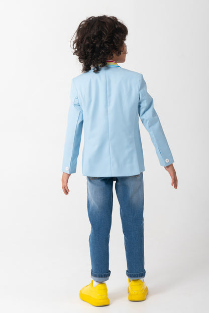 Powder Blue Blazer With Rainbow Collar And Rainbow Zebra Embroidery