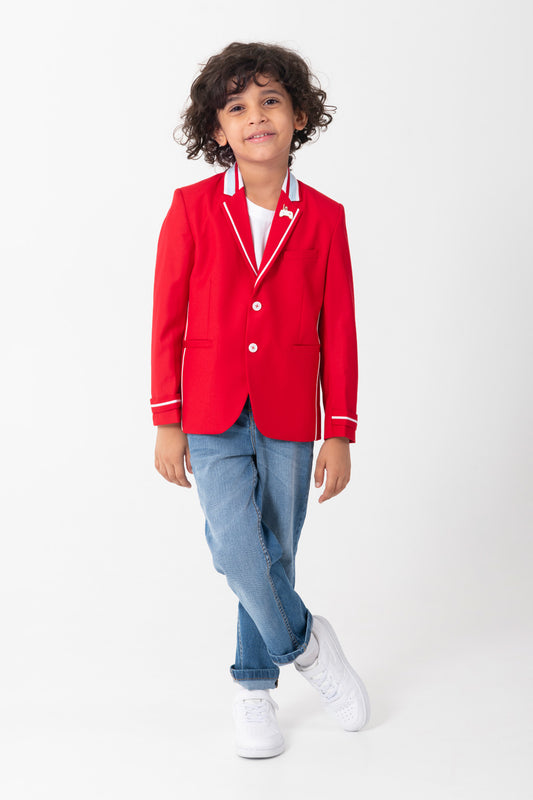 Red Blazer With Contrast Detailing On Collar