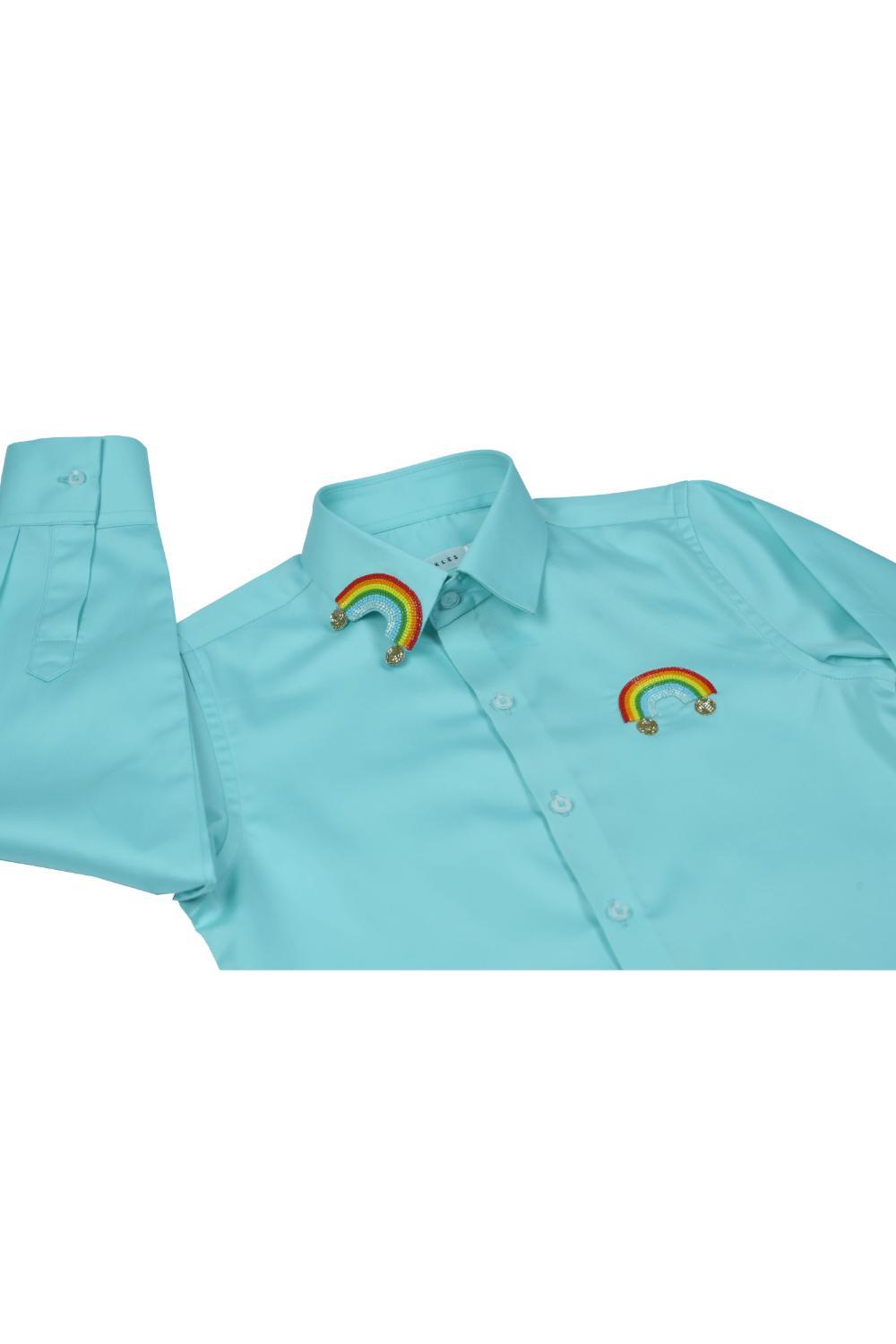 Rainbow Embroidered In Aqua Blue Shirt