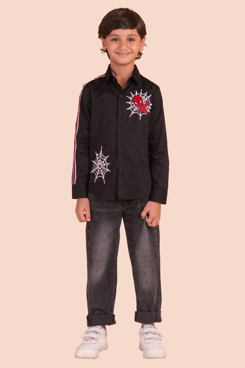 Shirt With Spider Man Embroidery And Patching On Sleeve