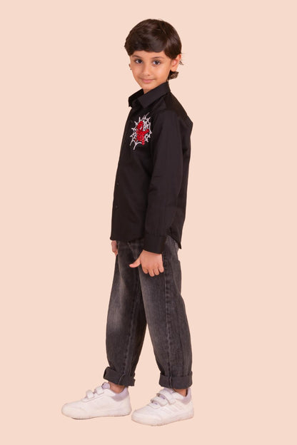 Shirt With Spider Man Embroidery And Patching On Sleeve