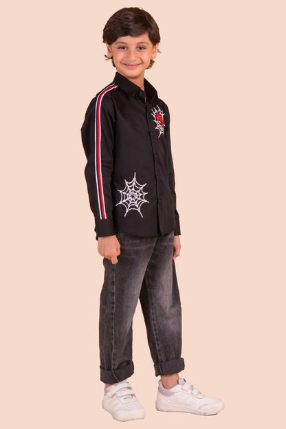 Shirt With Spider Man Embroidery And Patching On Sleeve