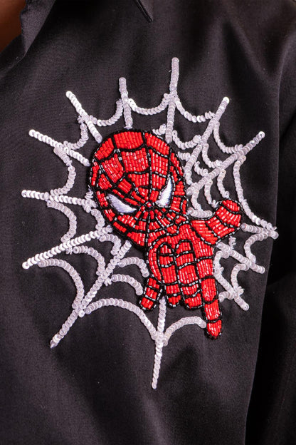 Shirt With Spider Man Embroidery And Patching On Sleeve