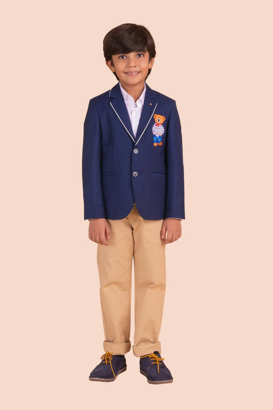 Navy Blue Blazer With Teddy Embroidery