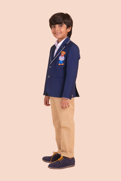 Navy Blue Blazer With Teddy Embroidery