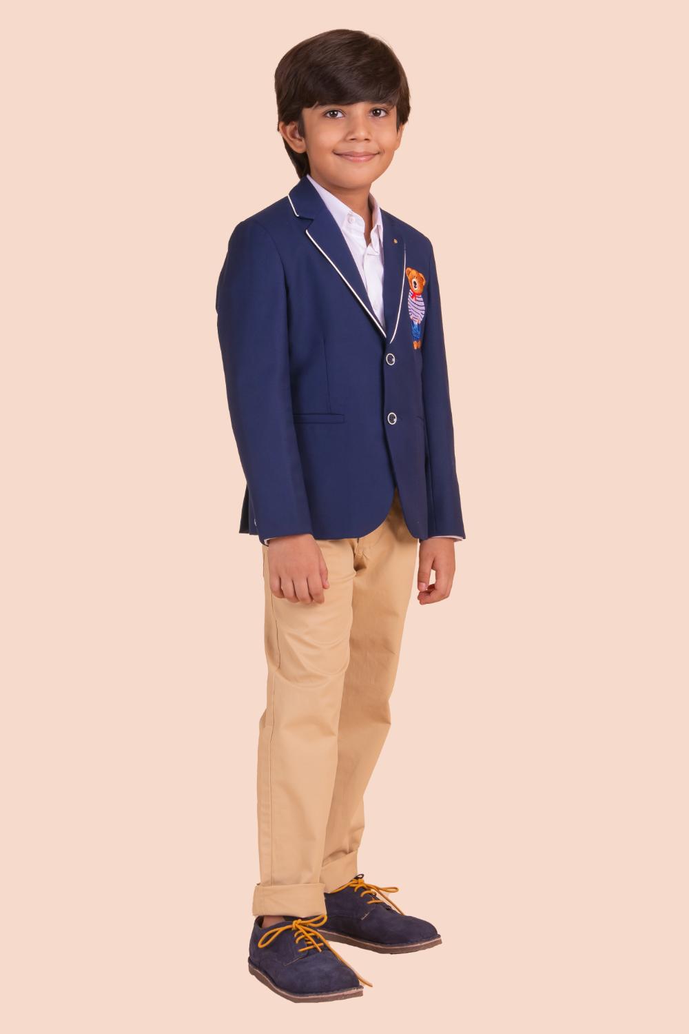 Navy Blue Blazer With Teddy Embroidery