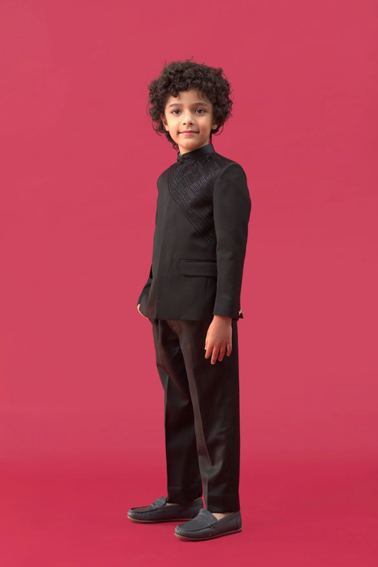Black Terry Rayon Jodhpuri Set For Boys
