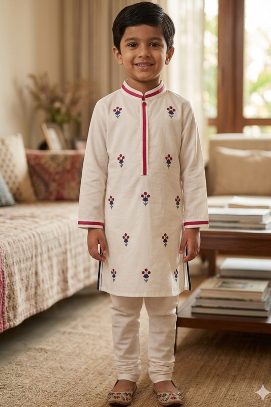 WHITE BOOTI KURTA SET