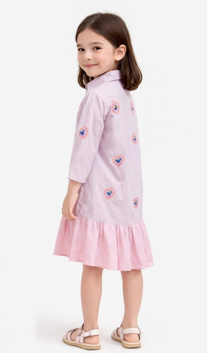Girls Pink Embroidered Frill Dress.