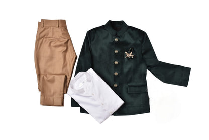 Green Velvet, Cotton Brooches Full Sleeve Jodhpuri Set.