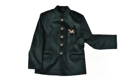 Green Velvet, Cotton Brooches Full Sleeve Jodhpuri Set.