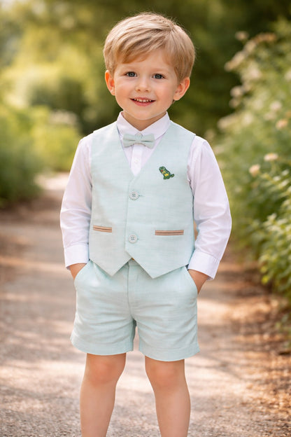 Dino Motif Sea Green Waistcoat Set