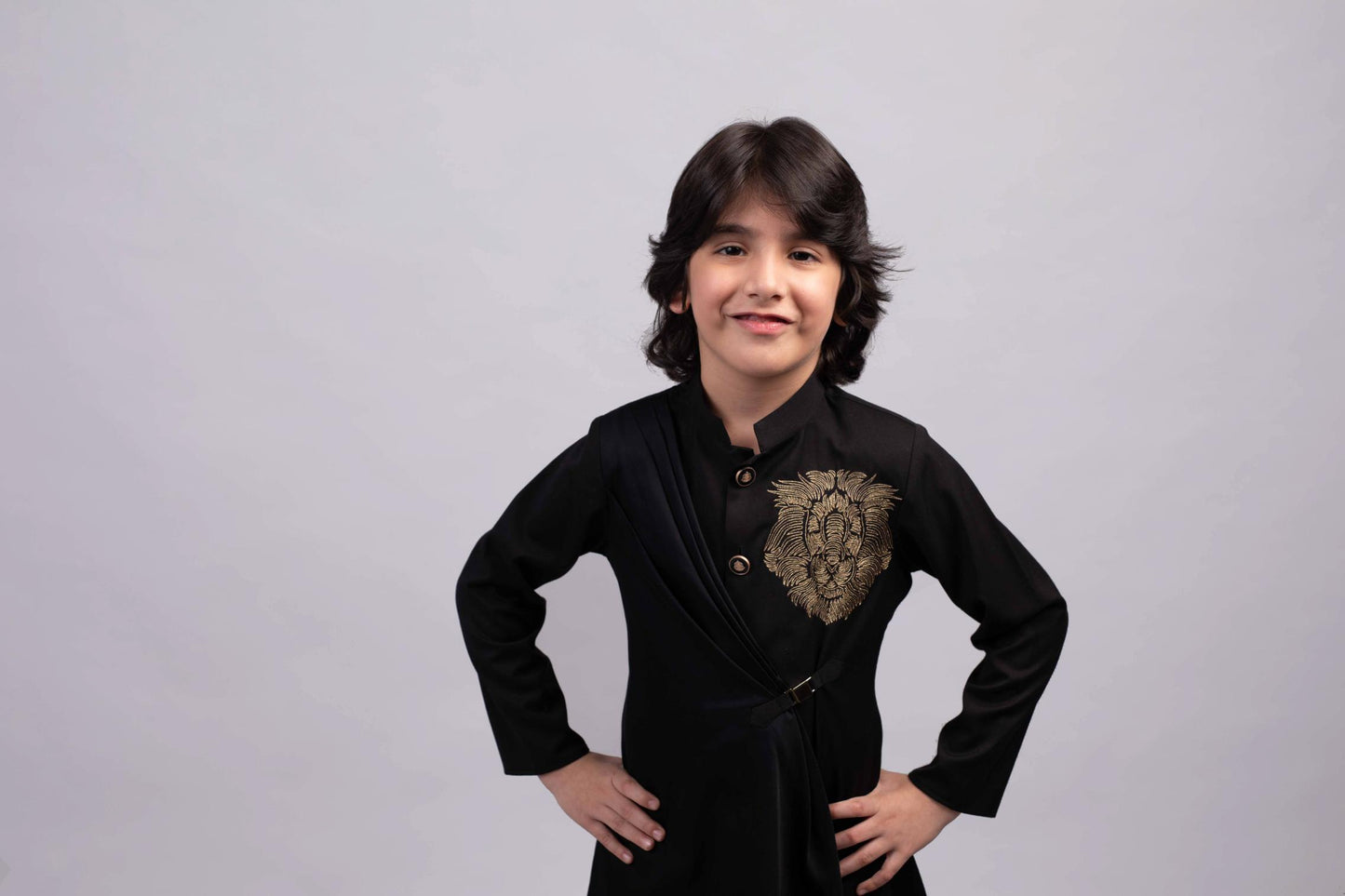 Black Lion Draped Kurta With White Pants