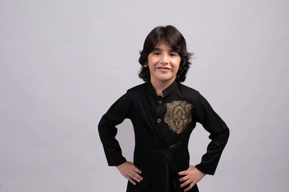 Black Lion Draped Kurta With White Pants