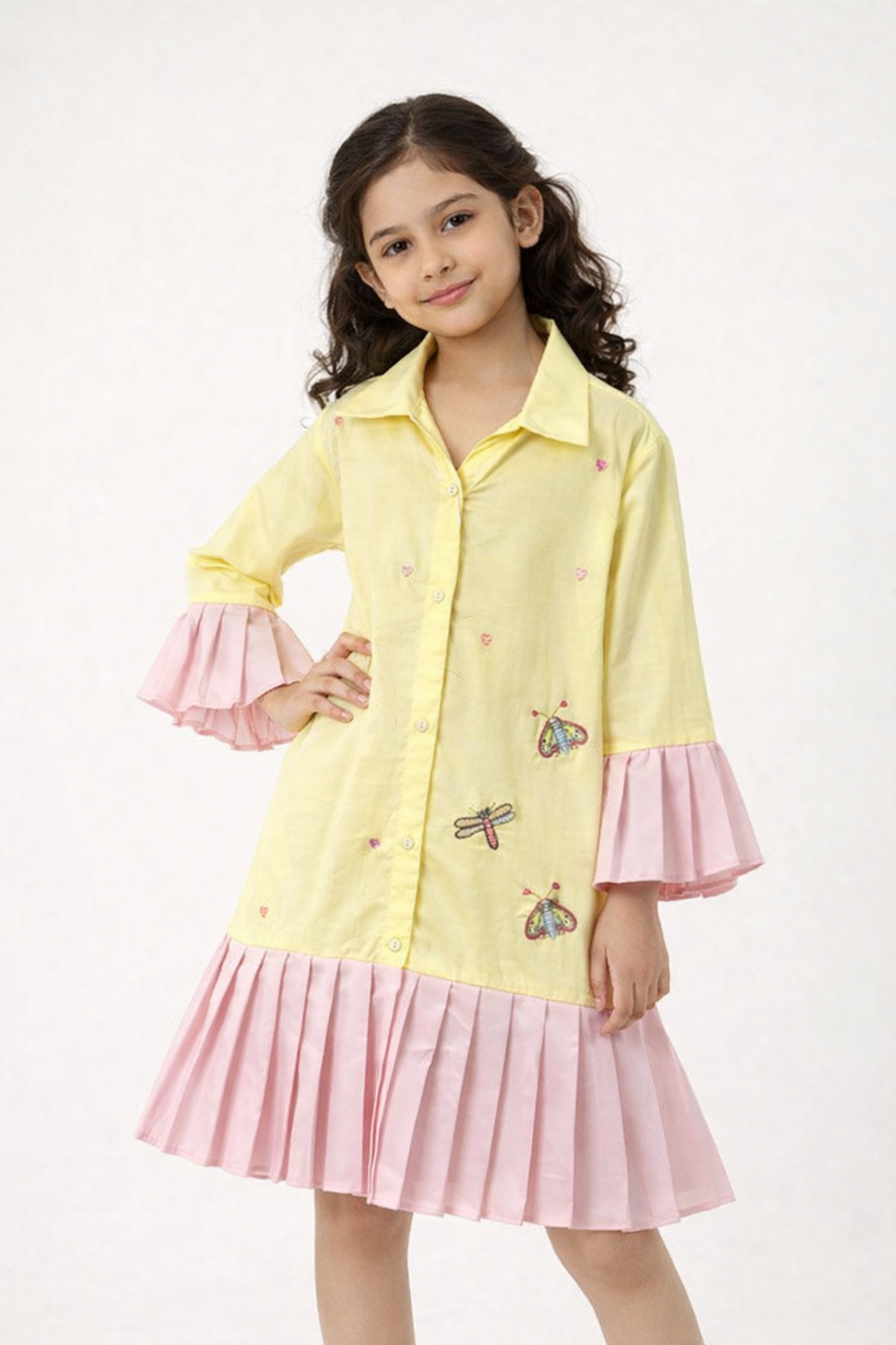 Girls Yellow Embroidered Frill Dress