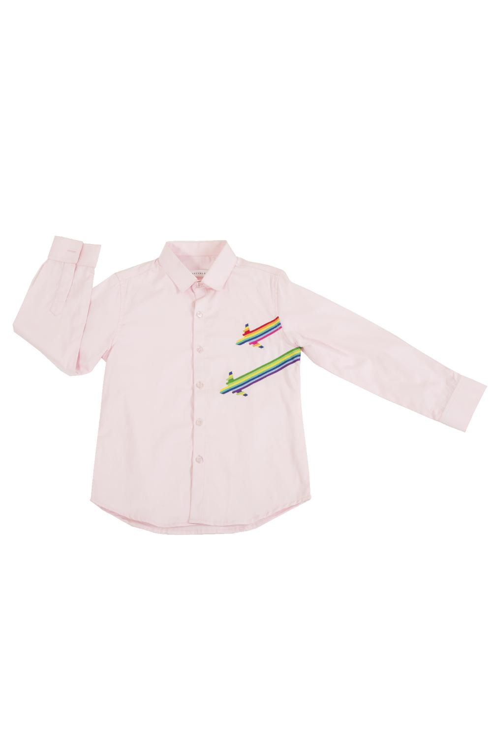 The rainbow aeroplane landing on a pink shirt
