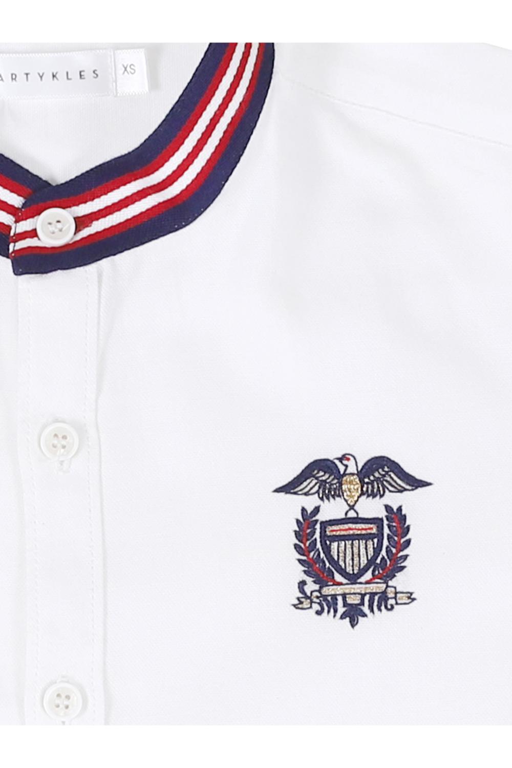 White Cotton Embroidery Band Collar Shirt