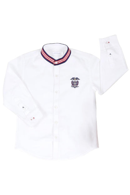 White Cotton Embroidery Band Collar Shirt