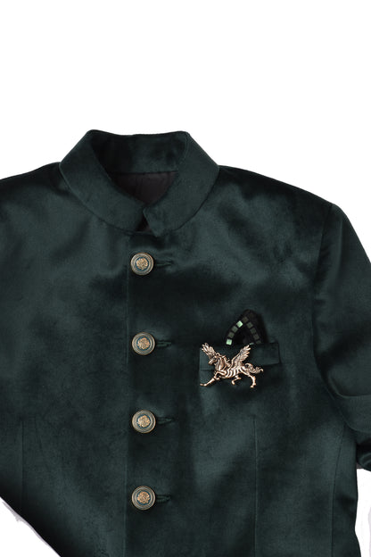 Green Velvet, Cotton Brooches Full Sleeve Jodhpuri Set.